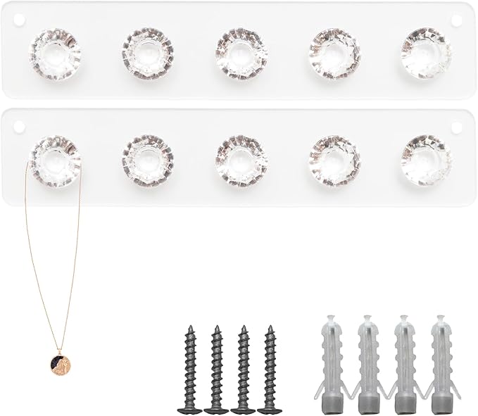 2 Pack Necklace Holder, Acrylic Wall Mount Jewelry Organizer with 5 Hooks for Bracelets, Necklaces and Keys