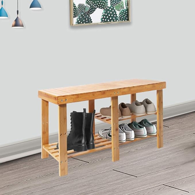 Bamboo Shoe Rack Bench with Boots Compartment , APLOS 3-Tier Shoe Organizer, Storage Shelf for Entryway Hallway Living Room, 35.43" L x 11.02" W x 17.72" H