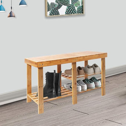 Bamboo Shoe Rack Bench with Boots Compartment , APLOS 3-Tier Shoe Organizer, Storage Shelf for Entryway Hallway Living Room, 35.43" L x 11.02" W x 17.72" H