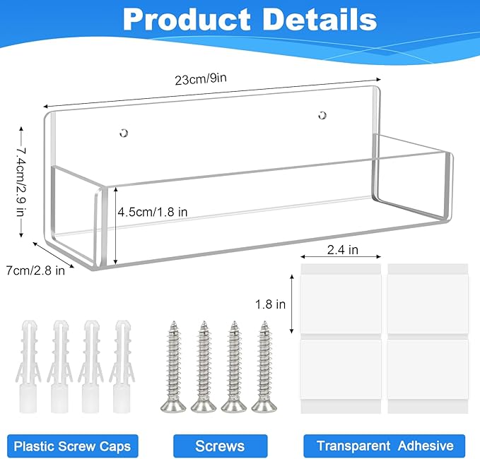 Acrylic Spice Rack Wall Mount - 9 Inch, Clear Spice Shelf Storage Holder, 2 Pack Hanging Seasoning Organizer for Cabinet Door, Cupboard or Wall Kitchen (Adhesive or Screw)