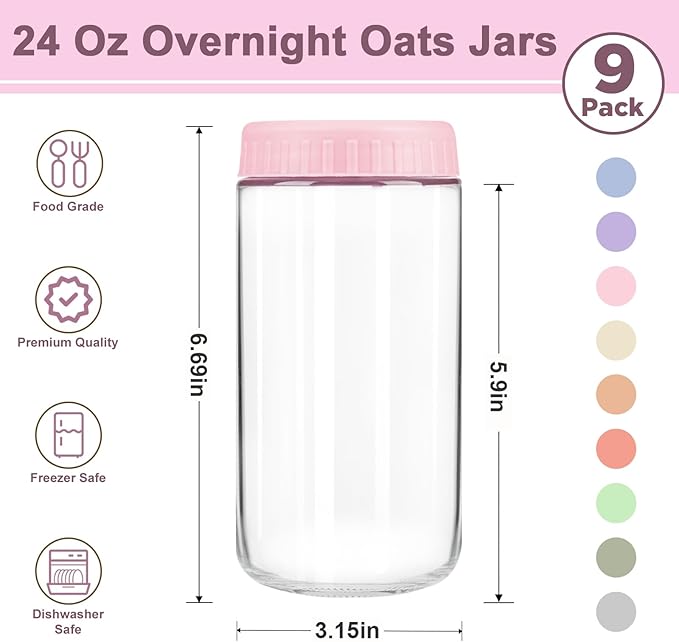 Overnight Oats Containers with Lids, 24oz Wide Mouth Mason Jars with Lids, 9 Pack Glass Jars with Airtight lid for Chia Pudding Yogurt Salad, Meal Prer Oatmeal Jars, Pink