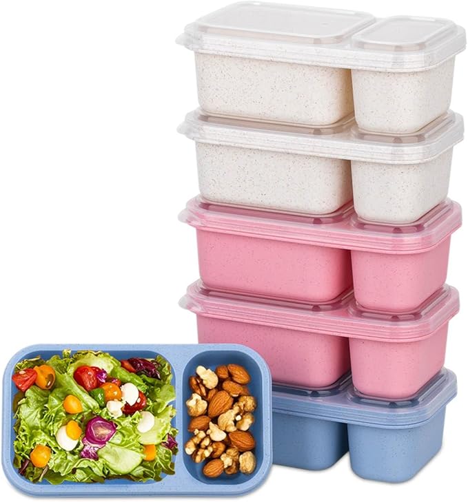 DOSEWART 6Pack 2-Compartment Reusable Snack Containers with Lids, Wheat Straw Reusable Snack Packs for Meal Prep Food Storage On-the-Go Snacking