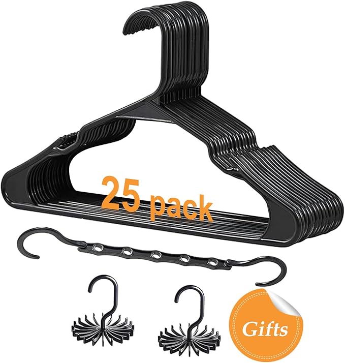 VECELO 25 Pack Plastic Hangers-Clothes Hangers with Shoulder Non Slip Notches,Clothing Hangers for Closet Space Saving-Heavy Duty Coat Hanger,Black
