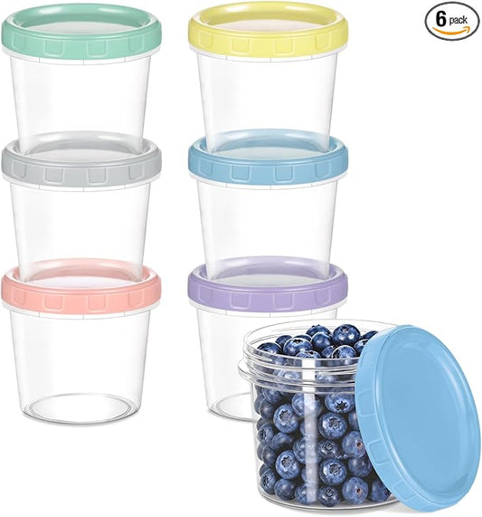 Yomarket 6pcs 10 oz Plastic Containers with Screw Lids, Reusable Clear Food Storage Containers with Pen and Brush for Snack Salad Fruit, Leakproof Small Freezer Containers, Microwave & Dishwasher Safe