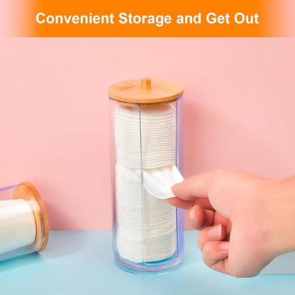 2 Pcs Cotton Round Holder, Cotton Pad Holder with Bamboo Lids, Makeup Storage Cotton Pad Dispenser Bathroom Canisters Bamboo Bathroom Storage Jars Storage Containers Clear Plastic