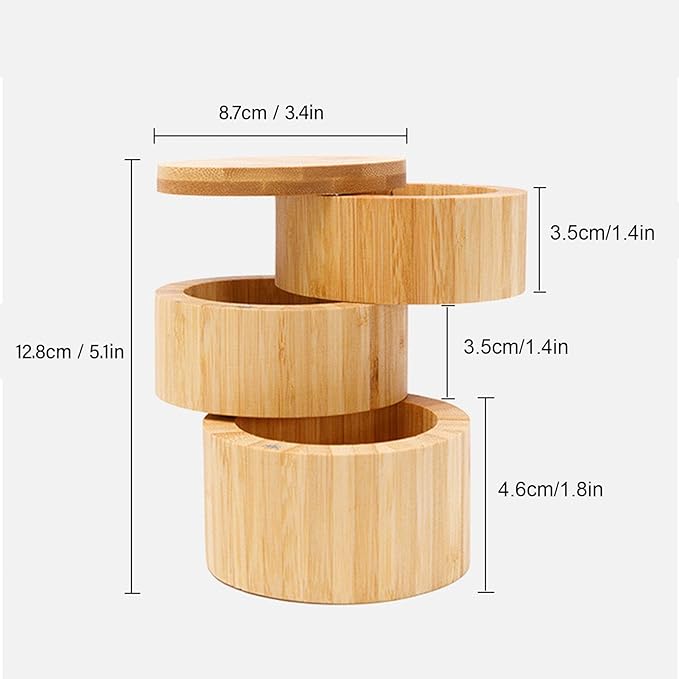 3-Tier Wooden Rotating Spice Storage Box with Swivel Lid, Triple-Layer Condiment Organizer for Kitchen Countertop Home Cooking, Salt Sugar Pepper Seasoning Jar, Easy to Clean Household Tool