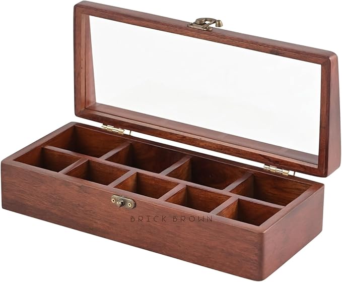 Brick Brown® Premium Handcrafted Wooden Prism Masala Box with Wooden Spoon | 9-Compartment Spice Box Organizer with Acrylic Lid | Masala's Dani Namak Dani Dabba | Masala Container Popula Dabba