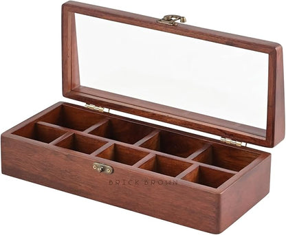 Brick Brown® Premium Handcrafted Wooden Prism Masala Box with Wooden Spoon | 9-Compartment Spice Box Organizer with Acrylic Lid | Masala's Dani Namak Dani Dabba | Masala Container Popula Dabba