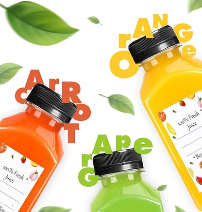 12pcs 12oz Plastic Juice Bottles, Reusable Juice Containers with Black Tamper Proof Lids, Brush, Funnel and Labels, Clear Juice Containers for Juicing, Smoothie and Homemade Beverages