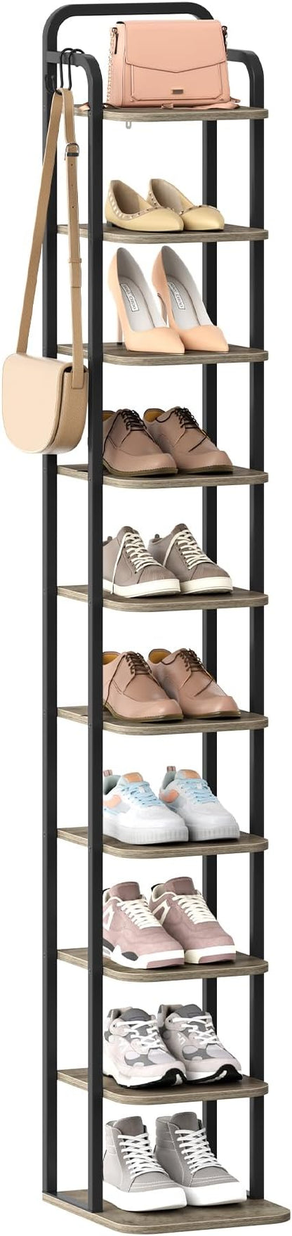 Hzuaneri 10 Tiers Vertical Shoe Rack, Narrow Shoe Tower, Tall Shoes Shelf with 2 Hooks, Adjustable Shelves, Corner Shoes Shelves for Small Spaces, Entryway, Living Room, Greige SR11205B