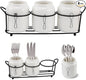 4 Piece Silverware Holder for Organizer Countertop White Ceramic Silverware Caddy with Black Metal Rack, Fork Spoon Utensil Holder Flatware Organizers Cutlery Storage for Kitchen Tabletop Cabinet