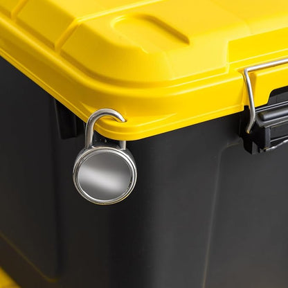 IRIS USA WeatherPro 21 Gallon Lockable Storage Bins with Lids, 4 Pack - Made in USA, Heavy Duty, Stackable Containers, Garage Organizing Tubs, Rugged Sturdy Equipment Utility Box - Black/Yellow