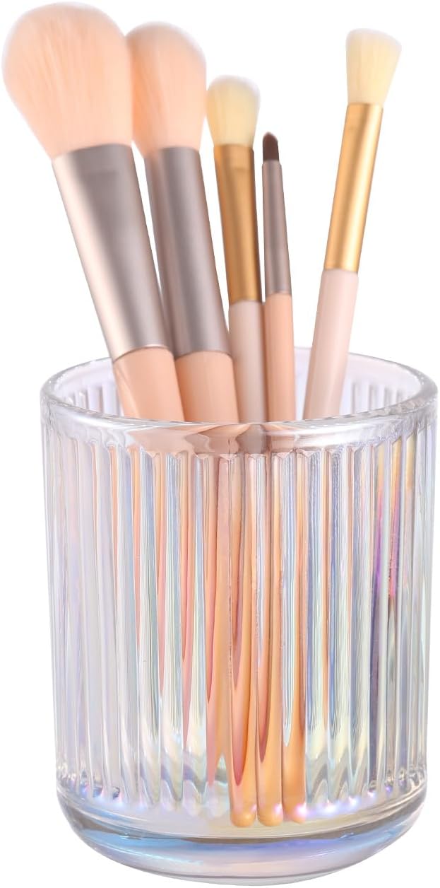 DASITON Makeup Brush Holder Organizer, Crystal Glass Makeup Brushes Storage Holder, Vintage Make Up Brush Cup for Vanity, Pen Pencil Holder for Desk, Toothbrush Holders for Bathroom (Colorful S)