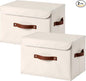 2PCS Storage Bins Box with Lids Decorative PU Leather Fabric Baskets Cubes with Handles PP Plastic Board Foldable Washable Lidded Clothing Shelf Closet Organizer Container (Beige, Large)