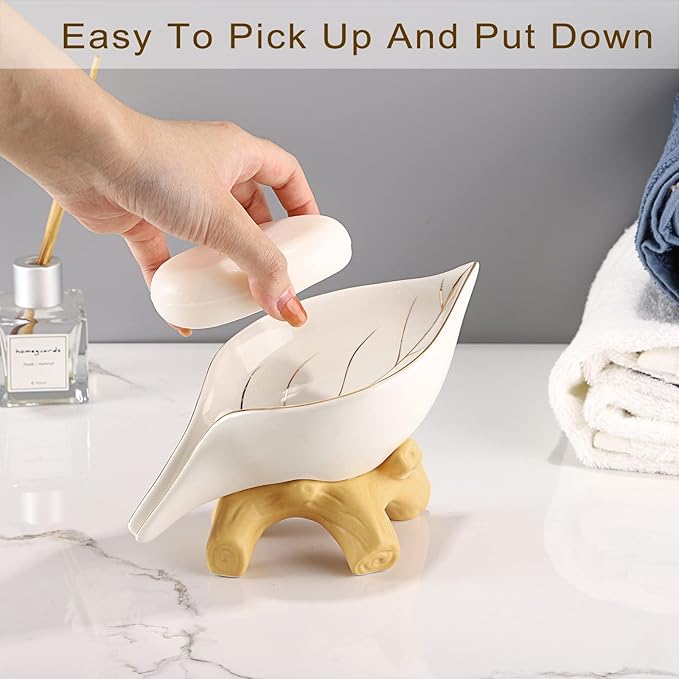 JUXYES Ceramic Soap Dish Holder Self Draining, Unique Waterfall Soap Dish Leaf Shape Decorative Soap Dish Tray Tabletop Drainable Soap Saver Bathtub Waterfall Soap Dish Holder for Bathroom Shower