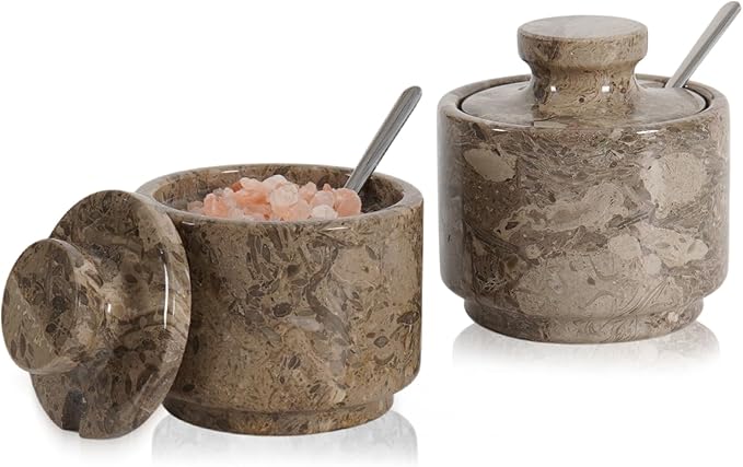 MARBLOUS KRAFTS Marble Salt Cellar 3" Inch Oceanic Flaky Salt Holder for Countertop, Set of 2 Spice Boxes, Brown Sugar Keeper, and Sugar Jar with Lid & Spoon, Perfect for Kitchen Storage