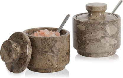 MARBLOUS KRAFTS Marble Salt Cellar 3" Inch Oceanic Flaky Salt Holder for Countertop, Set of 2 Spice Boxes, Brown Sugar Keeper, and Sugar Jar with Lid & Spoon, Perfect for Kitchen Storage