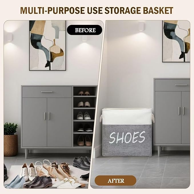Large Fabric Shoe Basket,Flodable Shoe Storage Bin for Entryway,Hallway or Mudroom,Stylish Shoe Storage Container (Large-1 Pack)