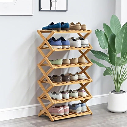 6 Tier Bamboo Shoe Rack,Portable Folding Shoe Storage Rack,Without Installation Small Shoe Rack Perfect for Corridors, Bedrooms and Small Spaces (6 Tier)