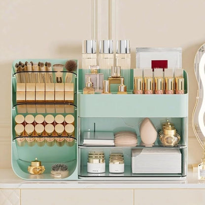 Makeup Organizer with 2 M Drawers & Brush Holders - Cosmetic Storage Case for Vanity, Bathroom Countertop & Desk - Skincare & Office Supplies Organizer (Green, M)