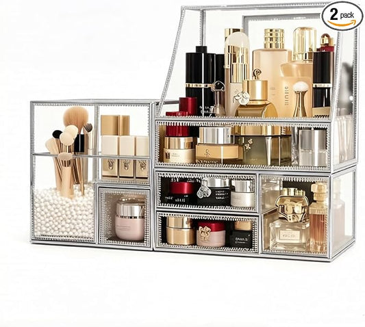Tempered Glass Makeup Organizer with Heart Shaped Metal Frame, Large Cosmetic Storage Drawer Cabinet, Dustproof Vanity Display Case for Lipstick Makeup Brush Skincare Bathroom Bedroom