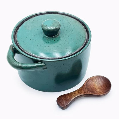 12 oz Ceramic Salt Cellar with Lid & Wooden Spoon,Countertop Salt Container,Sugar Bowl,Spices Jar| Artisan Kitchen Decor(Blue)