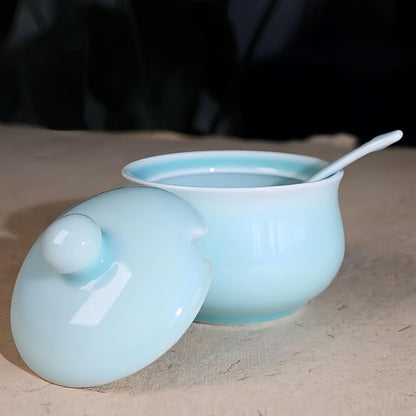 Porcelain Salt Cellar with Lid and Spoon, 4.4 oz Salt Container Sugar Bowl for Spice & Seasonings, Elegant Kitchen Counter Decor, Chinese Celadon (Ivory Blue)