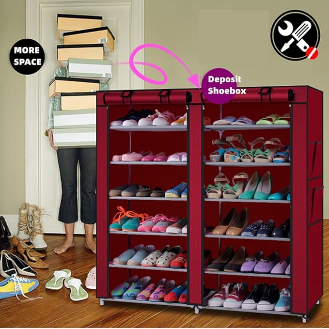 LIKOVSCI 6 Tier 36-Pairs Shoe Rack Tool Free Easy Assembled Shoe Shelf Storage Organizer with Dustproof Nonwoven Fabric Cover (Wine Red, 6-Tier 2-Row)