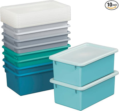 Cubby Storage Bins with Lids, 10-Pack Stackable Plastic Organizer Containers for Pantry, Office, Garage - Nestable with Handles, Contemporary