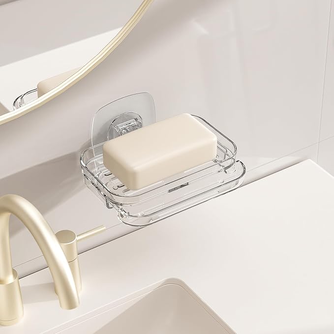 Soap Dish for Shower Clear Soap Holder Pull-Out Water Tray No Drilling Required Strong Fixation for Rv Bathroom and Kitchen Easy（1 Pack）