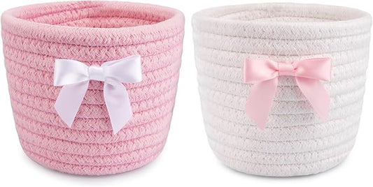 2 Pack Bow Makeup Brush Holder- Mini Woven Cotton Rope Small Oval Basket with Bow Decor, Comb Brushes Storage Decorative Basket for Pencil Cosmetics Organizer Gift for Women,4 x 4 IN