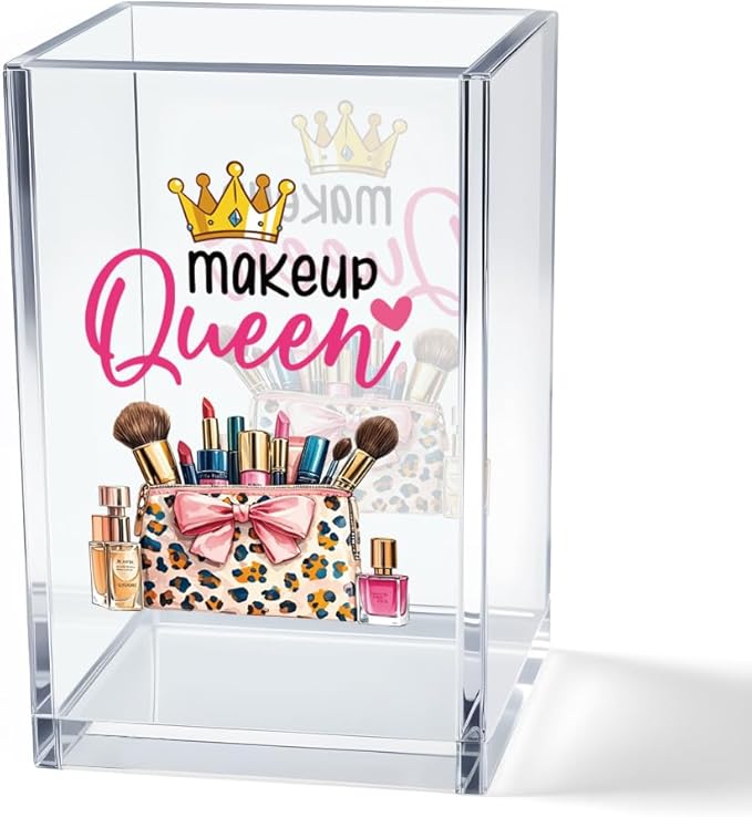 Makeup Queen Acrylic Makeup Brush Organizer Holder, Makeup Queen Desk Acrylic Brushes Storage, Christmas Birthday Gifts for Women Mom Sister Colleague Boss Lady Make Up Artist