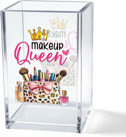 Makeup Queen Acrylic Makeup Brush Organizer Holder, Makeup Queen Desk Acrylic Brushes Storage, Christmas Birthday Gifts for Women Mom Sister Colleague Boss Lady Make Up Artist