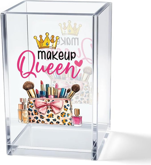 Makeup Queen Acrylic Makeup Brush Organizer Holder, Makeup Queen Desk Acrylic Brushes Storage, Christmas Birthday Gifts for Women Mom Sister Colleague Boss Lady Make Up Artist