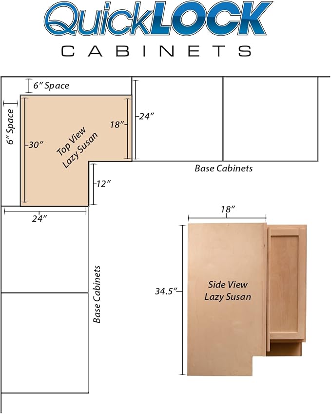 Quicklock RTA (Ready-to-Assemble) | Base Kitchen Cabinets - Shaker Style | Made in America (Raw Maple, 18" D x 30" W x 34.5" H Lazy Susan)