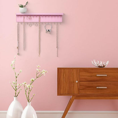SANY DAYO HOME Pink Necklace Holder Jewelry Organizer with 30 Hooks, 15 x 3 x 4 inches Wall Mount Rustic Pine Wood Shelf for Necklace, Hair Bow Storage