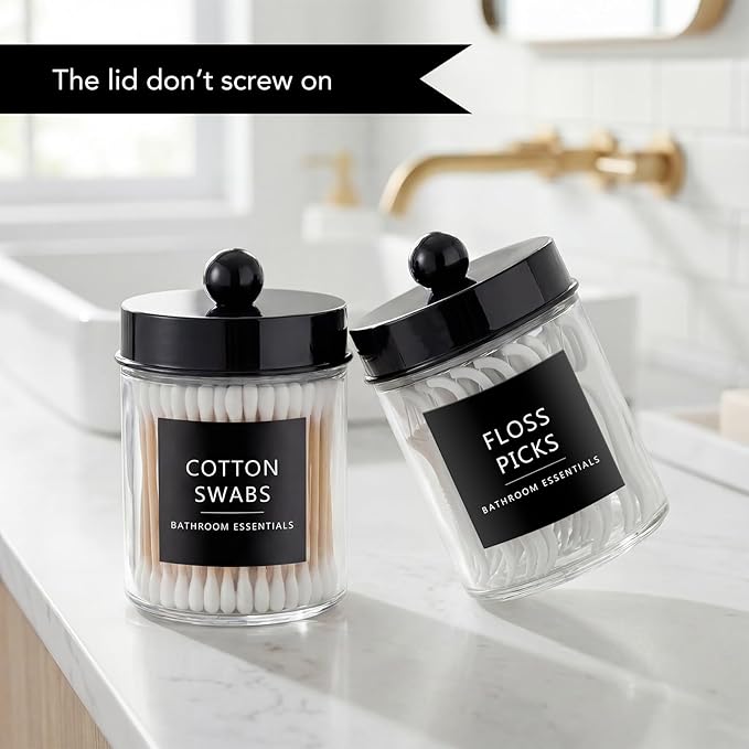 Amolliar 4 Pack Qtips Dispenser Holder - Bathroom Countertop Storage Organizer Containers - Glass Apothecary Jars with Black Plastic Lid for Q-tips Cotton Balls, Swabs, Round Pads, Floss