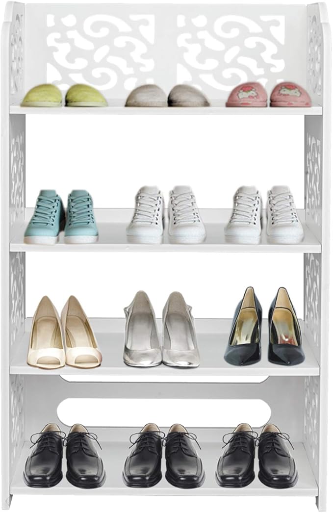 4 Tier Wood-Plastic Board Shoe Racks,Narrow Vertical Shoes Rack,Freestanding Shoe Organizer Shelf,Shoe Rack Storage Organizer,with Shelves,for Closet, Entryway, Front Door Entrance, Hallway (White)