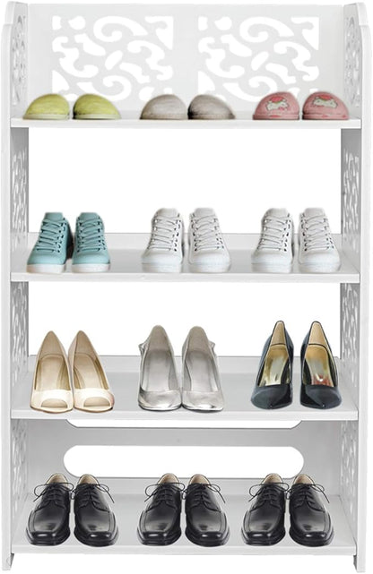 4 Tier Wood-Plastic Board Shoe Racks,Narrow Vertical Shoes Rack,Freestanding Shoe Organizer Shelf,Shoe Rack Storage Organizer,with Shelves,for Closet, Entryway, Front Door Entrance, Hallway (White)