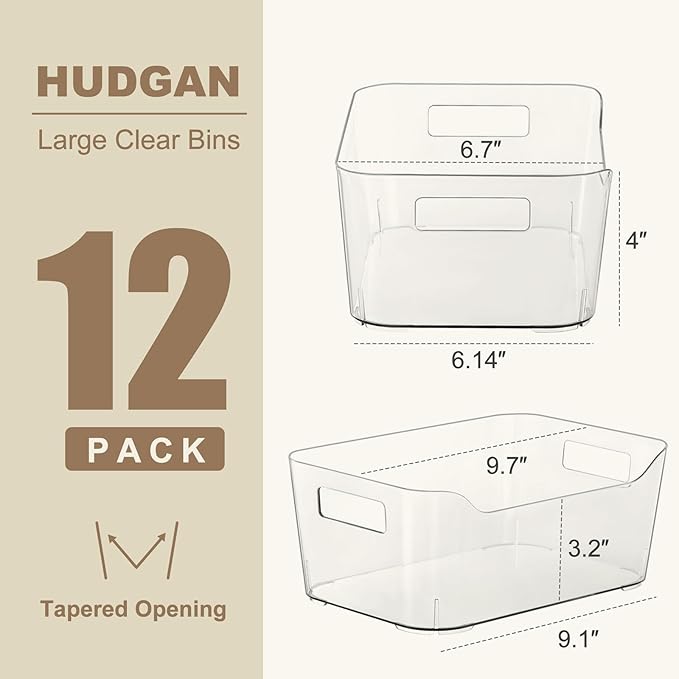 Hudgan 12 Pack Pantry Storage Bins for Kitchen Cabinet, Clear Plastic Organizer Bins for Bathroom, Pantry Organizer Containers for Home Edit, Drawer, Under Sink, Fridge