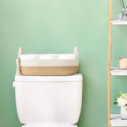 Mkono Small Storage Basket for Toilet Tank Top Boho Bathroom Decor Woven Rope Toilet Paper Tray Organizer for Shelf Bedroom Living Room, Brown and White, 1 Pack, 15.7" L x 6" W