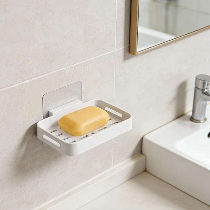 Shower Soap Dish Soap Bar Holder, 2 Pcs Soap Holder for Shower Wall, Plastic No Drill Adhesive Mount Removable Soap Saver Sponge Holder for Bathroom Kitchen Sink, White