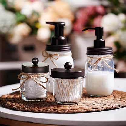 Amolliar Mason Jar Bathroom Storage Organizer -Oil Rubbed Bronze- Rustic Farmhouse Decor Bathroom Accessories - Qtip Holder Dispenser Glass Apothecary Jar-Qtips,Cotton Swabs,Ball,Flossers (2 Pack)