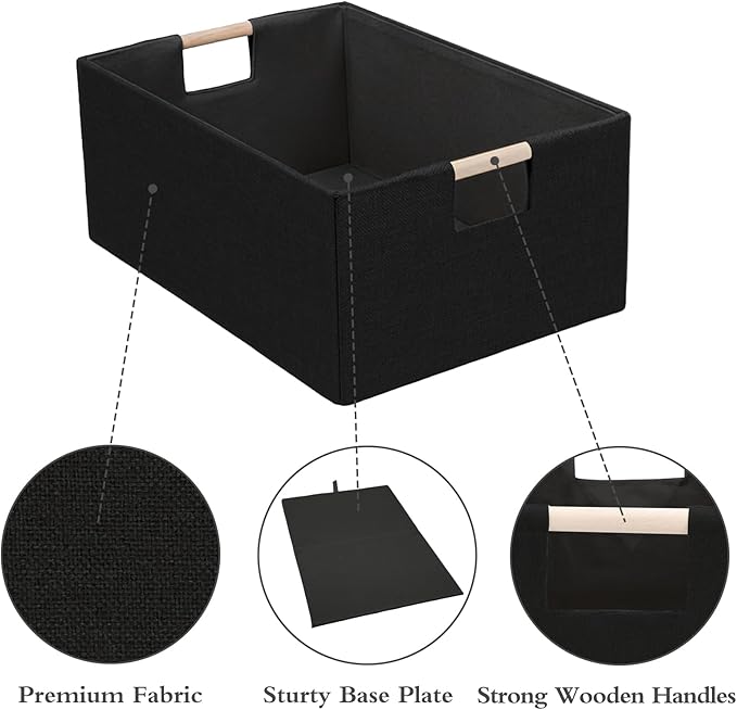 Foldable Fabric Storage Cubes, Cloth Storage Baskets with Wooden Handles, Shelf Closet Organizer Bins, Rectangular Linen Storage Boxes for Decor, 16.5 x 12.2 x 6.7 Inches