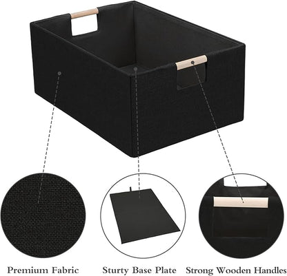Foldable Fabric Storage Cubes, Cloth Storage Baskets with Wooden Handles, Shelf Closet Organizer Bins, Rectangular Linen Storage Boxes for Decor, 16.5 x 12.2 x 6.7 Inches