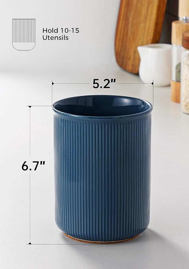 LoeJan Utensil Holder, Extra Large Utensil Crock, Stable Ceramic Utensil Organizer, Cooking Tool Organizer Set for Kitchen Counter Farmhouse Décor, Blue