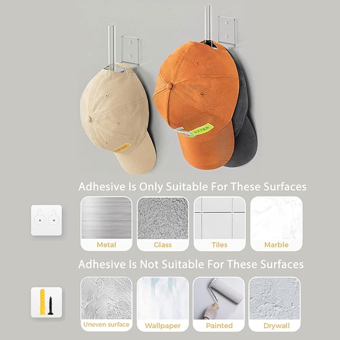 Clear Acrylic Baseball Cap Organizer (2 Pack) - Floating Hat Rack Display Holds 10-15 Hats, L-Shaped Hat Hanger with Adhesive & Screws, Hat Storage for Wall, Door, Closet Decor