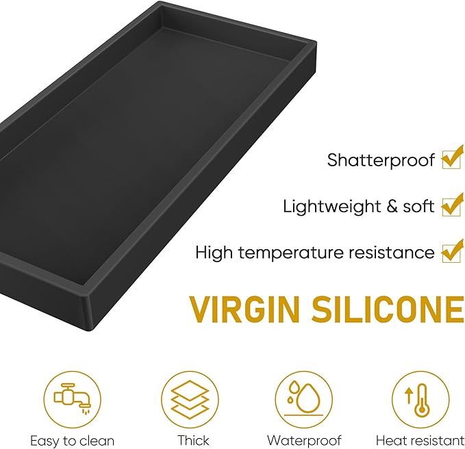 EG-SIPRO Silicone Bathroom Tray, Shatterproof, Black, Rectangular, 10.6 x 5.1 Inches