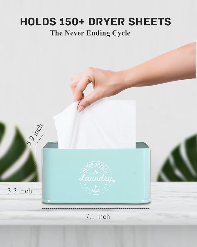 Dryer Sheet Holder Dispenser Container with Hinged Lid, Metal Modern Laundry Dryer Sheet Dispenser for Laundry Room Decor, Fabric Softener Dispenser,Green