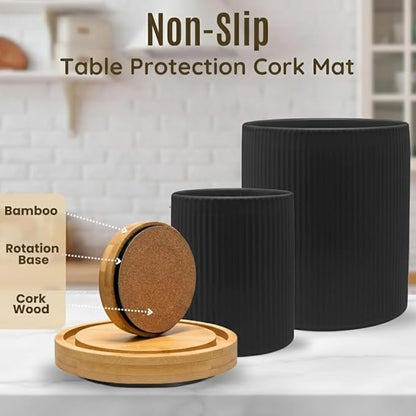 2 Pack Ceramic Utensil Holder, 7.3"+5.4" Large kitchen utensils holder for Countertop, 360° Rotating Cooking Utensil Crock for Kitchen Counter with Detachable Wooden Base, Kitchen Decor- Black